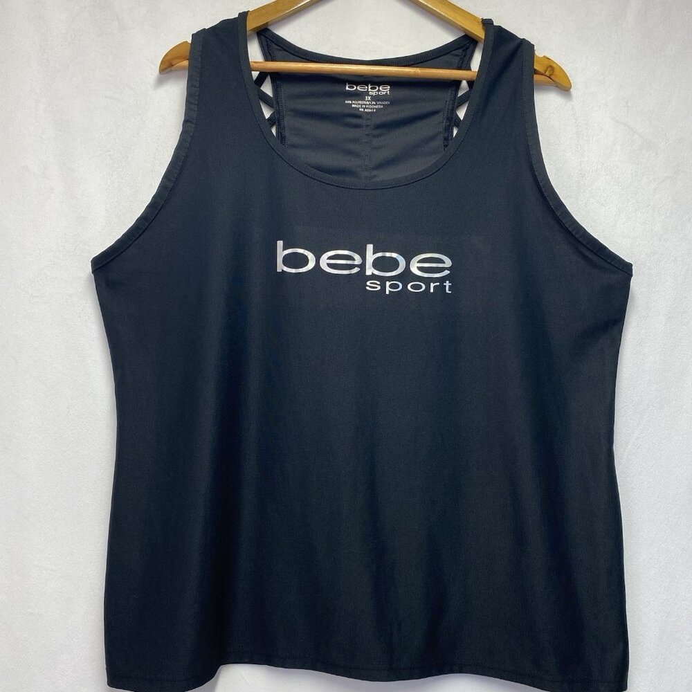 BEBE Sport Criss-Cross Strap Athletic Tank Top Women Size 3X Black Silver Logo